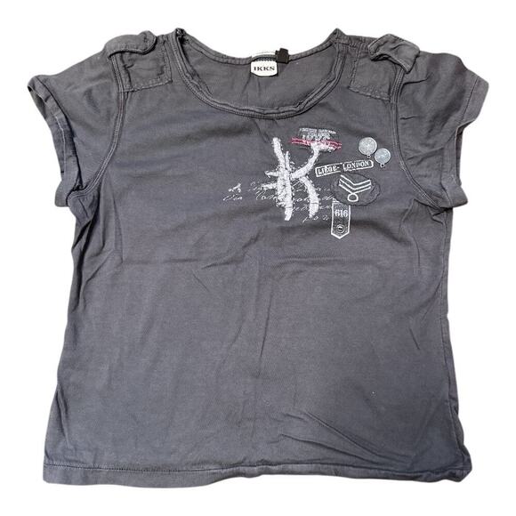 Ikks Dk Gray Embroidered Utility Military Shot Sleeve Tee Shirt Youth Size 10 - Picture 1 of 4